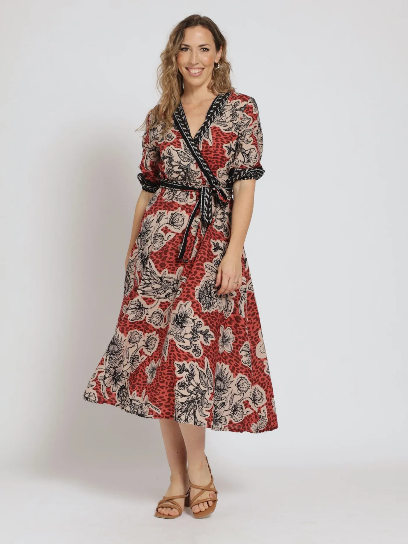 3/4 Sleeve Belted Mock Wrap Midi Dress