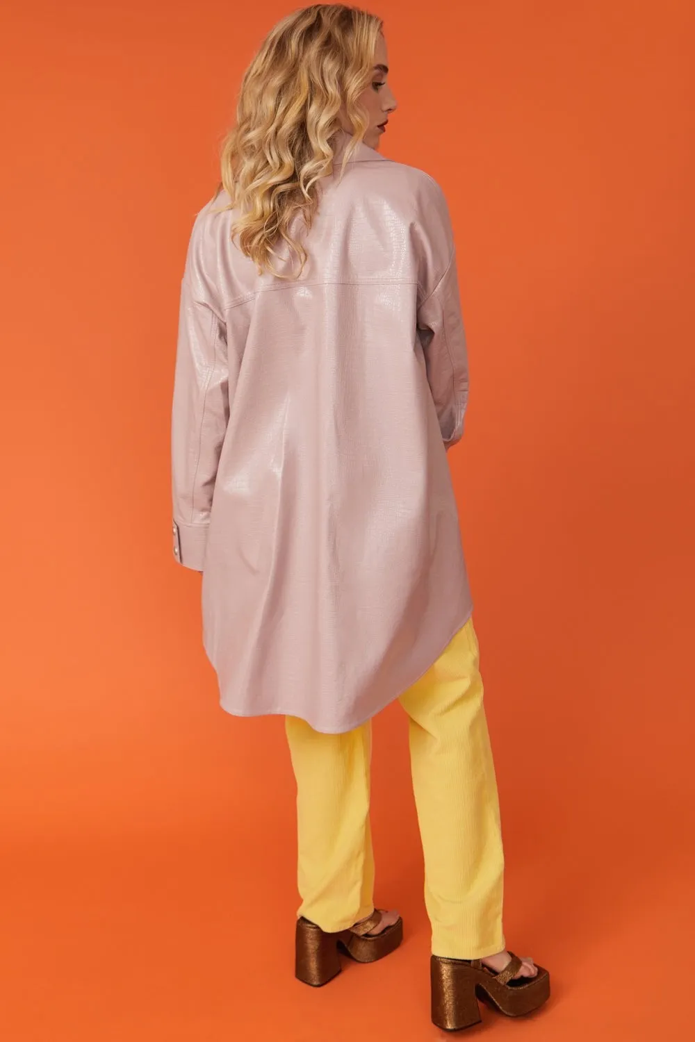 Baby Pink Oversized Faux Suede Leather Trench Coat with Exaggerated Collar