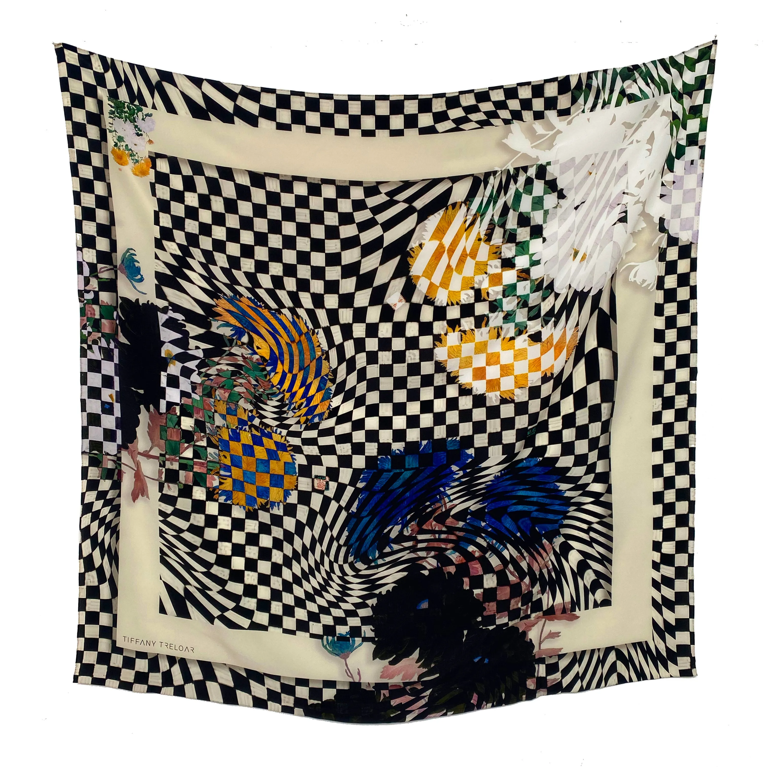 Black & White Check with Flowers Silk Scarf