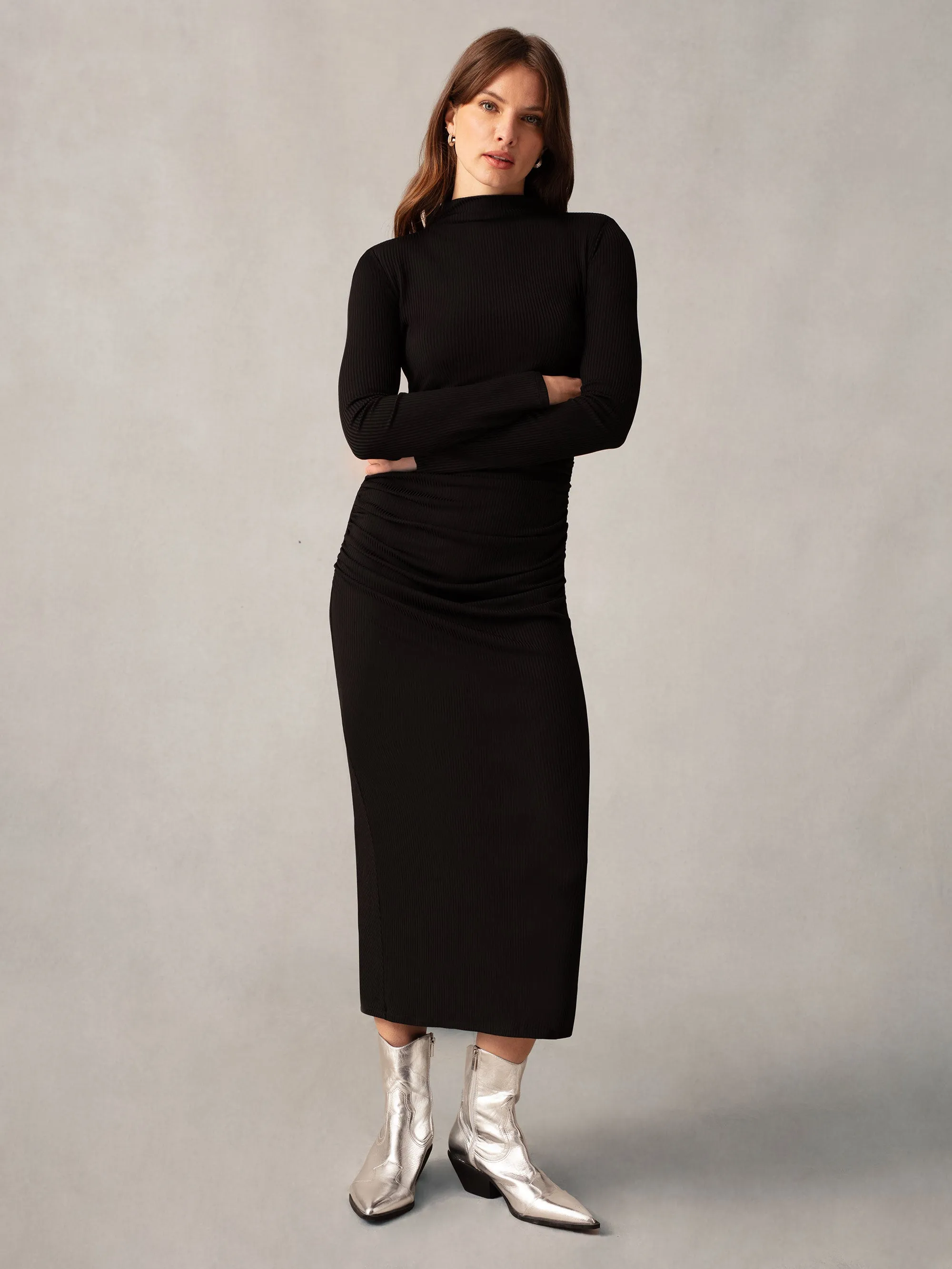 Black Ribbed Jersey Gathered Dress