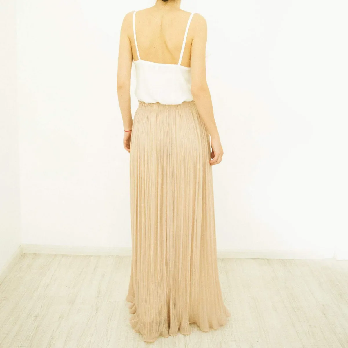 Long Maxi Skirt, Pleated Beige Chiffon Size L