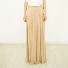 Long Maxi Skirt, Pleated Beige Chiffon Size L