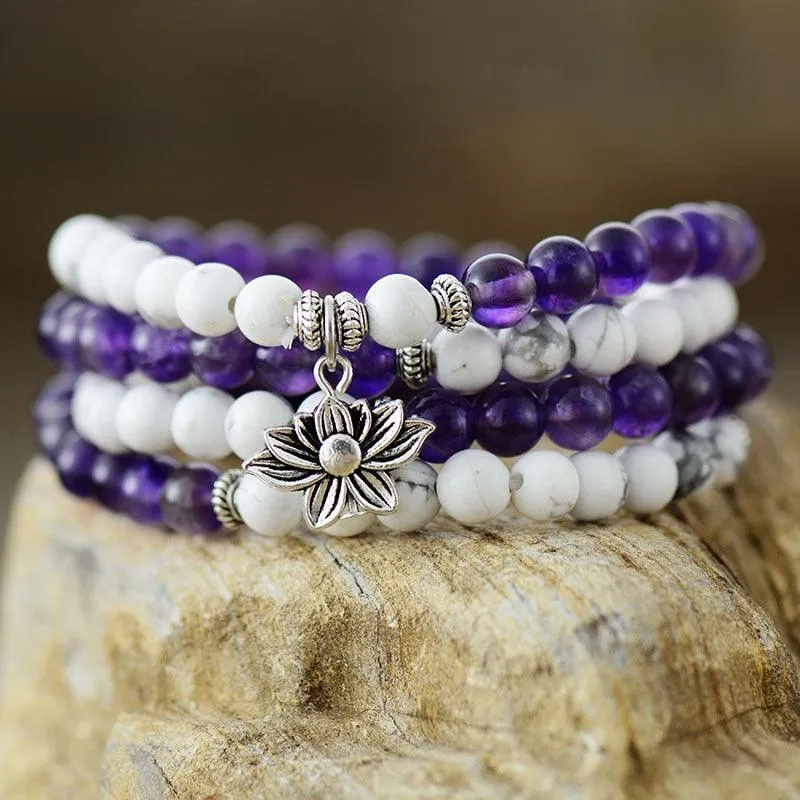 Lotus Charm Amethyst Howlite Stretchy Bracelet