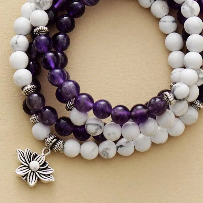 Lotus Charm Amethyst Howlite Stretchy Bracelet