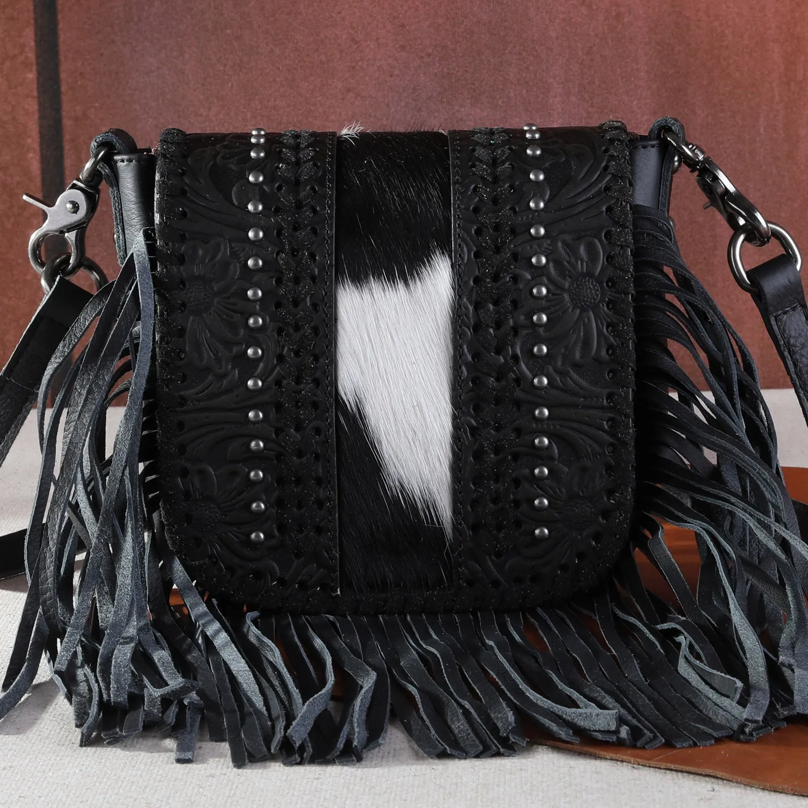 Montana West Genuine Leather Tooled Fringe Crossbody