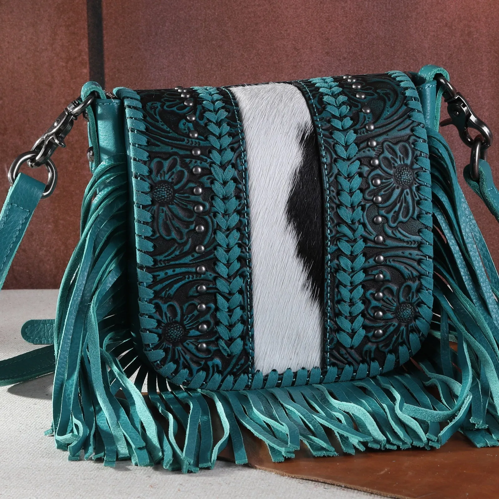 Montana West Genuine Leather Tooled Fringe Crossbody